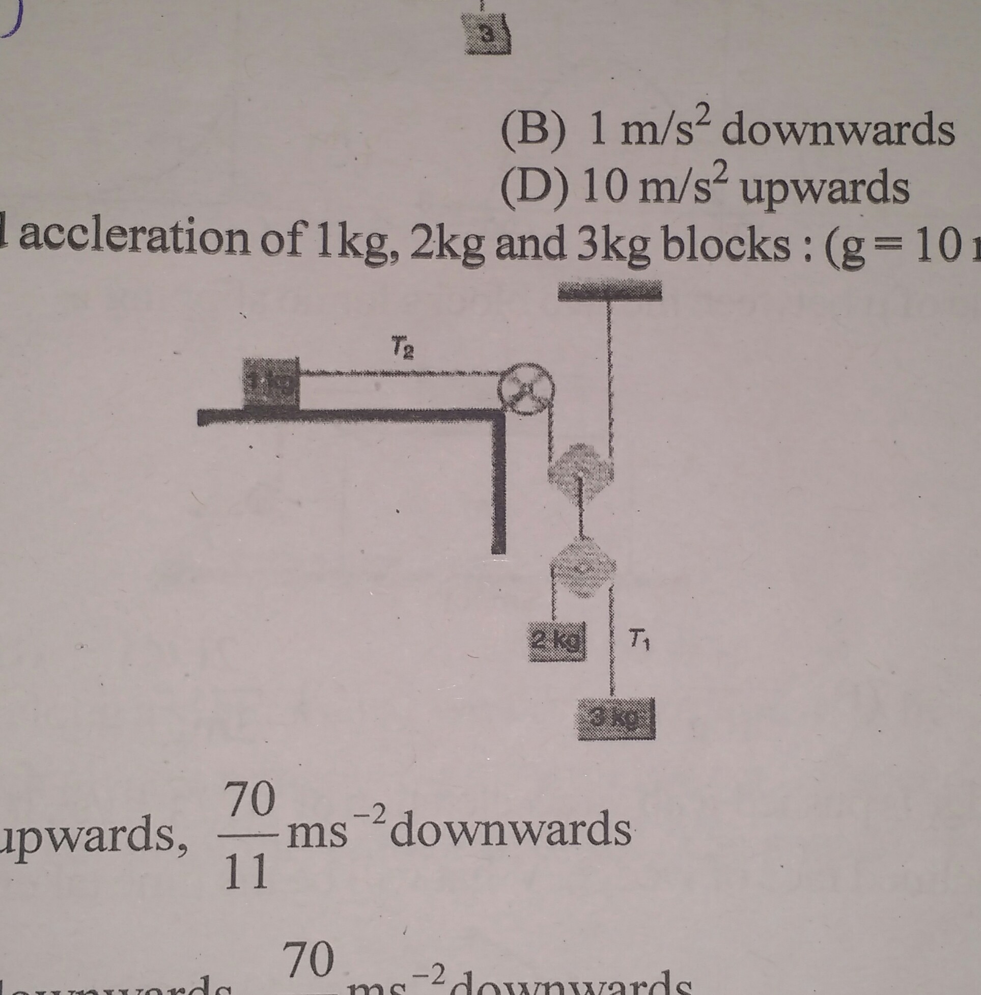 Question image for Find acceleration of mass 1kg, 2kg and 3kg as sho